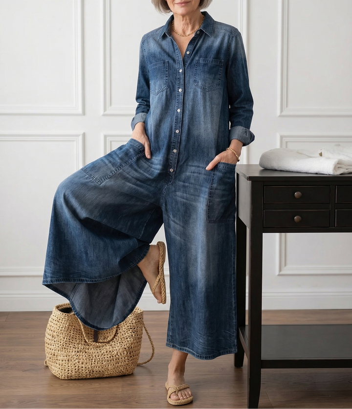 Сейлър - Vintage Washed Soft Cotton Denim Гащеризон с Копчета