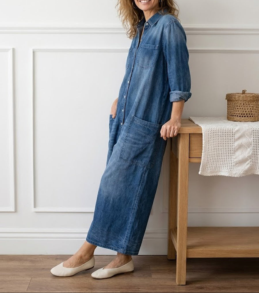 Сейлър - Vintage Washed Soft Cotton Denim Гащеризон с Копчета