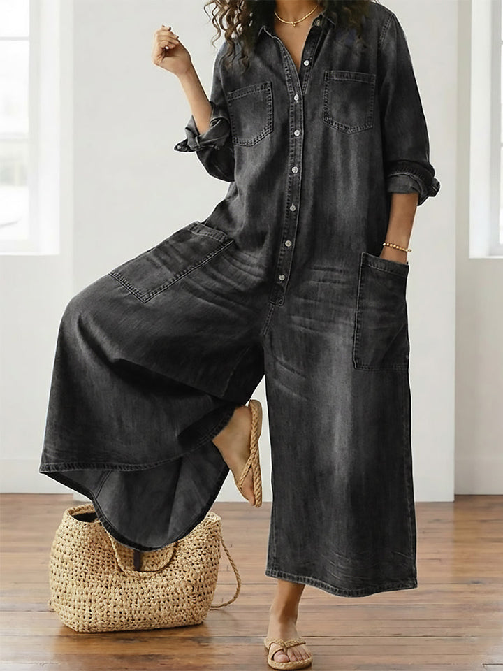 Сейлър - Vintage Washed Soft Cotton Denim Гащеризон с Копчета
