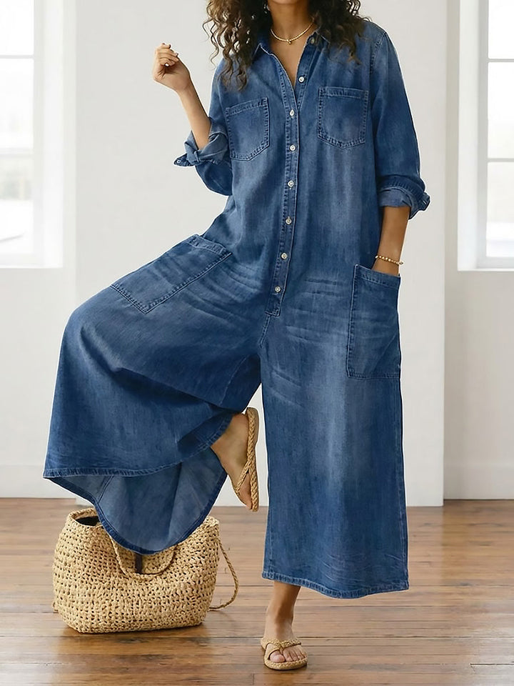 Сейлър - Vintage Washed Soft Cotton Denim Гащеризон с Копчета