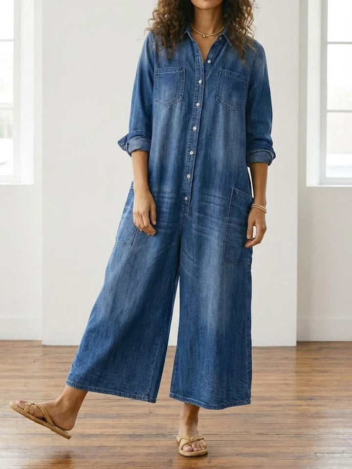 Сейлър - Vintage Washed Soft Cotton Denim Гащеризон с Копчета
