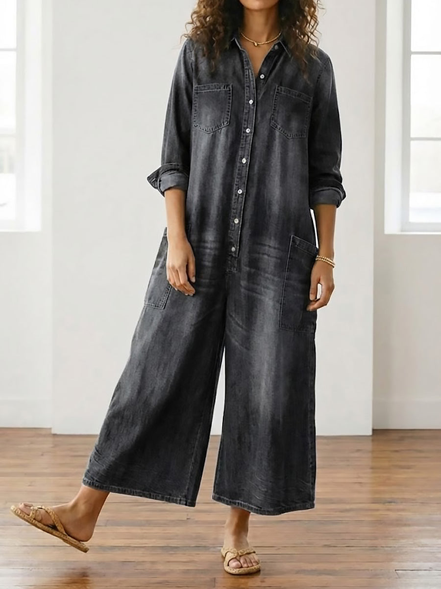 Сейлър - Vintage Washed Soft Cotton Denim Гащеризон с Копчета