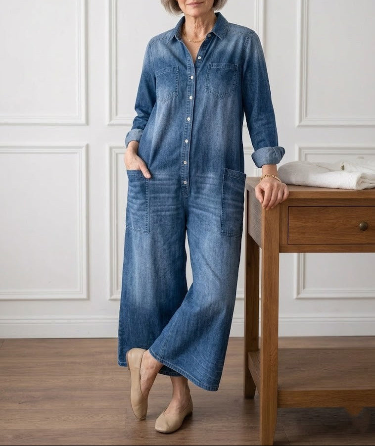 Сейлър - Vintage Washed Soft Cotton Denim Гащеризон с Копчета